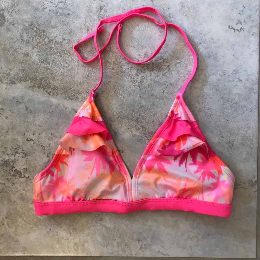 Justice Girls Bikini Swim Top Size 14 Padded Pink Ruffles Palm Trees Tropical